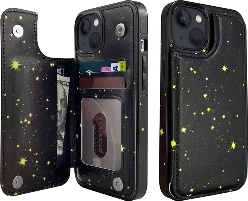 Vista 11 de Funda tipo cartera para iPhone 13 y 14 con soporte para tarjetas, funda trasera de piel sintética, con ranuras para tarjetas, doble cierre