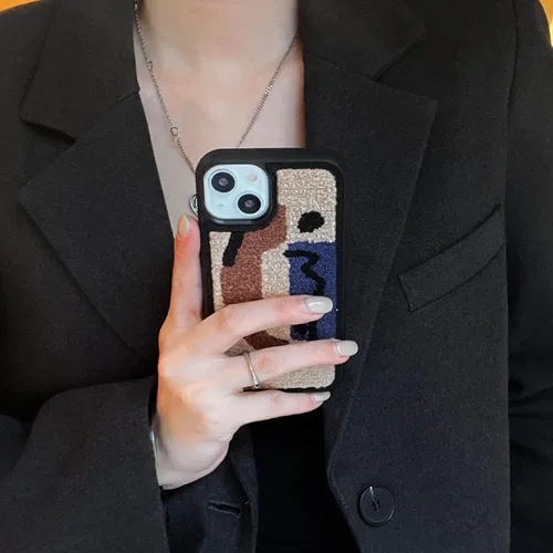 Vista 9 de Funda de teléfono geométrica de felpa cálida retro compatible con iPhone 14 Pro, elegante funda abstracta con bordado de toalla, funda protectora