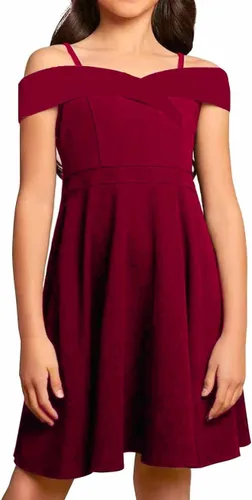 Vista 2 de Vestidos de fiesta elegantes de princesa con hombros descubiertos plisados, cintura alta, acampanados, acampanados, para niñas de 8 a 14 años