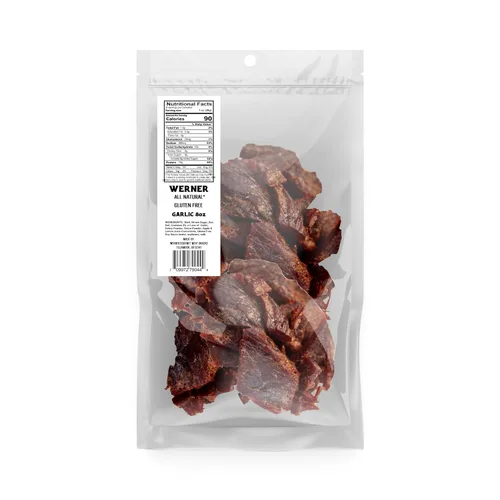 Vista 2 de Werner - Bocadillo de carne natural con ajo y carne seca – Bocadillo alto en proteínas, sin gluten, sin ingredientes artificiales, sin MSG añadido
