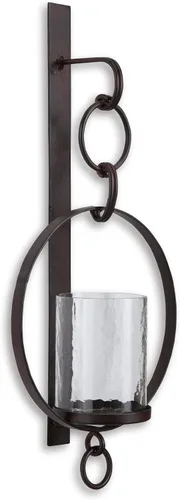 Vista 6 de Signature Design by Ashley - Aplique de pared con velas de gran tamaño, decoración en tono bronce Clear glass hurricane, Bronze-tone metal wall