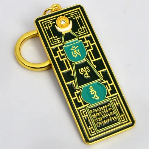 Vista 5 de Fengshuibringluck Llavero de pagoda esmeralda con regalo de amuleto Om Ah Hum - Adorno religioso colgante - Madera - Año Nuevo, Verde, Moderno