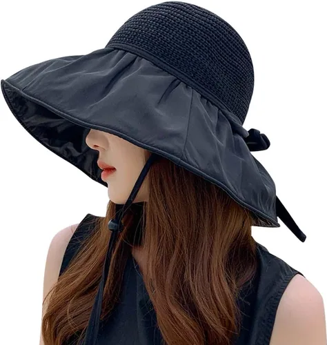 Vista 5 de Sombrero de paja de malla de ala ancha para mujer, protección UV, sombrero de paja plegable de verano, UPF 50+ Beige