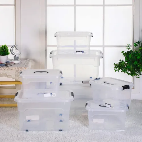 Vista 7 de Sadnyy Paquete de 4 cajas de almacenamiento de plástico transparente apilables de plástico con tapas de pestillo y ruedas, cajas grandes