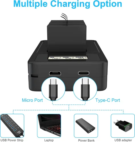 Vista 4 de Paquete de 2 baterías de repuesto para GoPro Hero 8, accesorios de cargador rápido con monitor digital, baterías de 1800 mAh, compatibles con GoPro