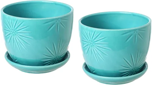 Vista 6 de MyGift - Juego de 2 macetas de cerámica con diseño de rayos de sol, macetas decorativas con platillos, Moderno, S, Agua (Aqua)