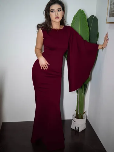 Vista 6 de YMDUCH Elegante vestido formal de sirena con abertura lateral y manga acampanada para mujer