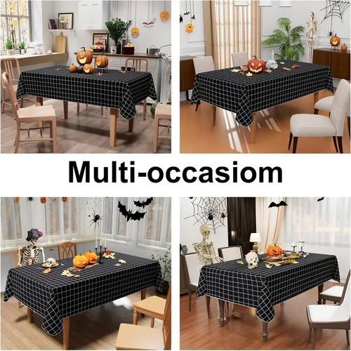 Vista 6 de Mantel rectangular, mantel de vinilo impermeable con reverso de franela, mantel de plástico lavable a cuadros para comedor, picnic, interior y Negro
