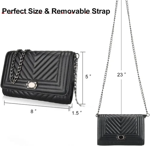 Vista 7 de Bolso cruzado pequeño de cuero para mujer, bolso acolchado negro para teléfono, bolso de mano con cadena, bolso cruzado con solapa