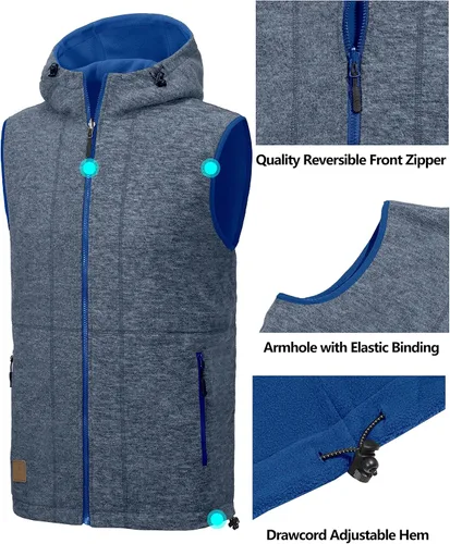Vista 17 de Little Donkey Andy Chaleco de forro polar reversible para hombre, ligero, cálido, sin mangas, con capucha, para senderismo, caminar, viajar