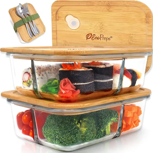 Vista 10 de EcoPreps Recipientes de vidrio para preparar comida con tapas de bambú (paquete de 3) - 100% libres de plástico, contenedores de almuerzo