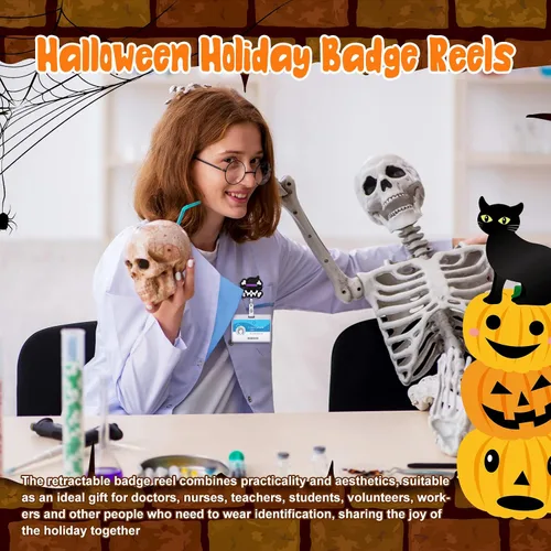Vista 5 de Zeyune Carrete de insignia de Halloween, 28 unidades, para enfermeras, telaraña, calabaza, vacaciones, carretes retráctiles para Halloween