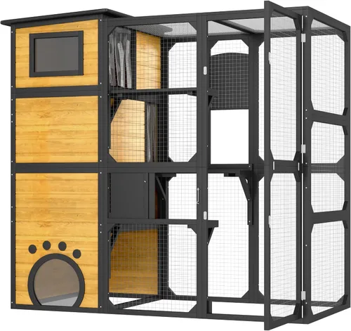 Vista 7 de Merax Catio - Caja grande para gatos de 4 niveles para exteriores, casa para gatos resistente a la intemperie fijada a la ventana para múltiples