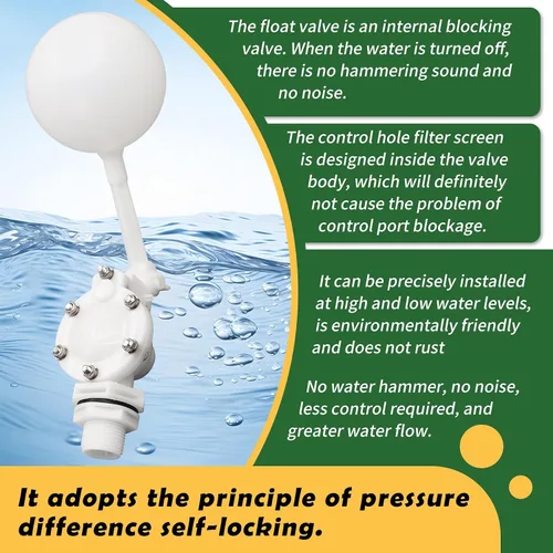 Vista 8 de Válvula flotante desmontable de 3/4, válvula de flotador de agua de plástico blanco con brazo ajustable para control de nivel de agua para estanque