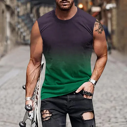 Vista 2 de Camisas hawaianas para hombre, ajuste clásico, cuello redondo, sin mangas, color degradado, camiseta sin mangas para verano, camiseta muscular casual