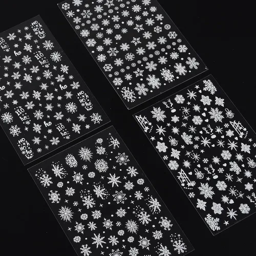 Vista 6 de Calcomanías de uñas de copos de nieve, 4 hojas 5D en relieve de Navidad, calcomanías de uñas de copo de nieve con purpurina blanca, calcomanías