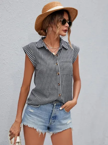 Vista 4 de SOLY HUX Women's Plaid Button Down Shirt Cap Sleeve Pocket Front Summer Tops Blouse
