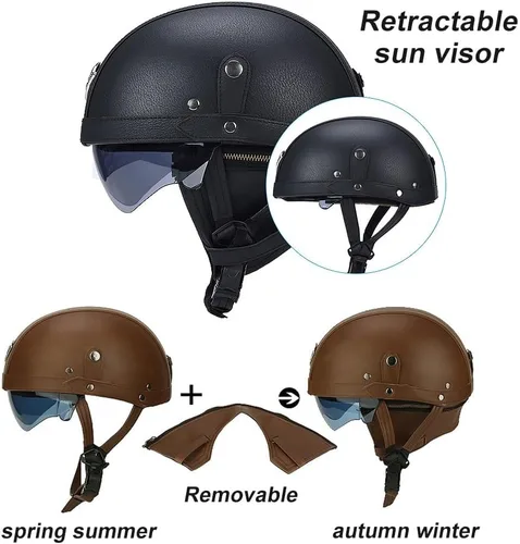 Vista 3 de Casco de motocicleta de cuero vintage alemán, medio casco para adultos con certificación DOT, para hombres y mujeres, con gafas y visera, para Azul