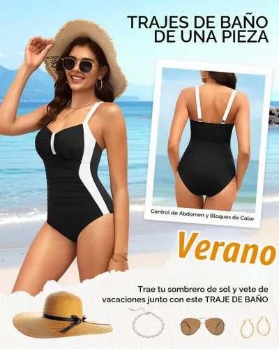 Vista 5 de Tempt Me Trajes de baño de una pieza con control de abdomen Negro blanco