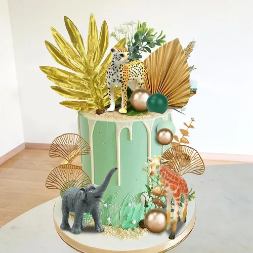 Vista 8 de 26 piezas de decoración de pasteles de animales de la selva, figuras de animales de safari, palmeras doradas, selva salvaje, animales salvajes