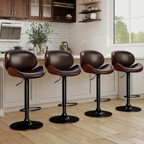 Vista 10 de Juego de 2 taburetes de bar ajustables giratorios de 360°, sillas de bar tapizadas de piel sintética con reposapiés, taburetes de madera para Negro