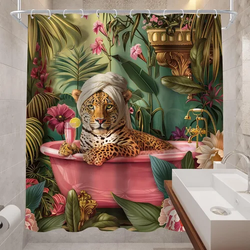 Vista 4 de Juego de cortina de ducha de baño con diseño de leopardo y guepardo rosa A-01pink leopardo verde