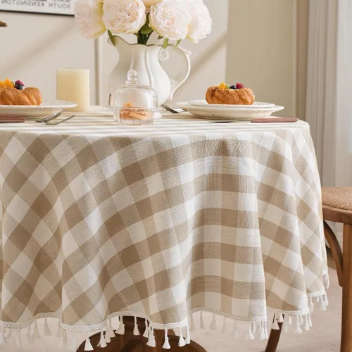 Vista 13 de JIALE - Mantel cuadrado de lino de algodón de cuadros Gingham con borlas, lavable, sin arrugas, mantel a cuadros de búfalo para fiesta al aire Beige