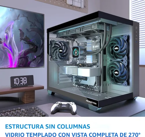 Vista 2 de MUSETEX Caja de PC ATX, 3 x 120mm Ventiladores Preinstalados, Soporte para Radiador de 360MM, Caja de PC para Juegos de Vidrio Templado de Vista