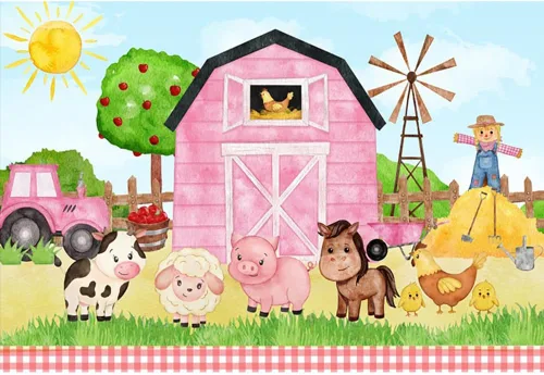 Vista 4 de Fondo de dibujos animados de animales de granja de 5 x 3 pies para fiesta de granero rosa para niñas, baby shower, cumpleaños, fotografía, fondo