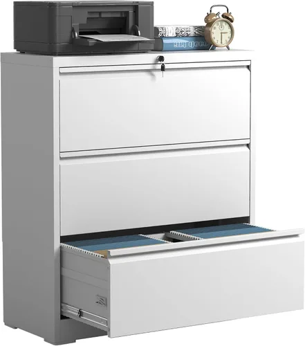Vista 8 de IKIMI Archivadores laterales de 3 cajones con cerradura, archivador lateral de metal para oficina en casa, gabinete de almacenamiento de acero ancho