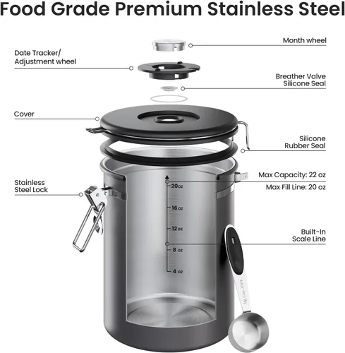 Vista 4 de Veken Recipiente de café, recipiente hermético de acero inoxidable para almacenamiento de alimentos con rastreador de fecha y cuchara para café Gris