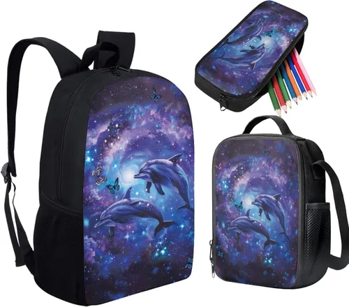 Vista 123 de HUGS IDEA Juego de 3 bolsas escolares con aislamiento térmico para el almuerzo, estuche para lápices