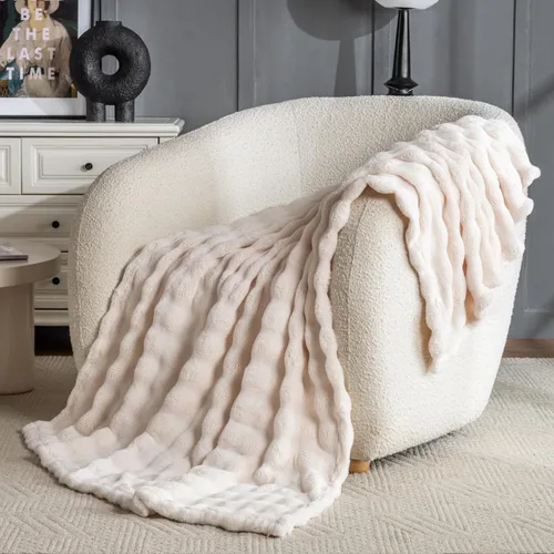 Vista 5 de Manta de Tiro de Piel Sintética Color Hueso para Sofá, Manta Suave y Esponjosa de Burbujas para Cama y Sofá, Manta Gruesa y Cálida de Felpa Difusa