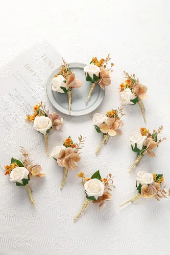 Vista 2 de 10 unids/lote de espuma artificial PE flores boda novio hermano padre boutonnieres hombres ojales ramillete boda flor fiesta decoración