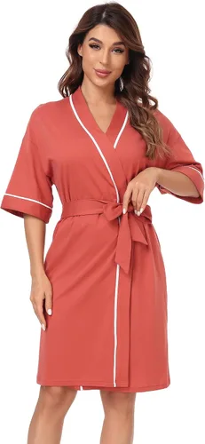 Vista 37 de COLORFULLEAF Bata de baño de manga corta para mujer, 100% algodón, longitud hasta la rodilla, con bolsillos