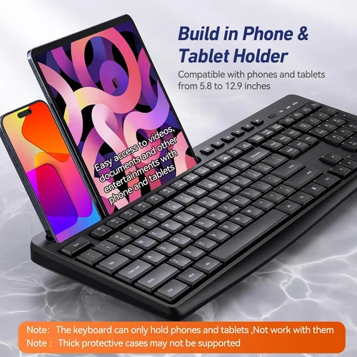 Vista 3 de Combo de teclado y mouse inalámbricos, teclado inalámbrico silencioso Acebaff 2.4G con soporte para tableta de teléfono, mouse silencioso, 11 teclas