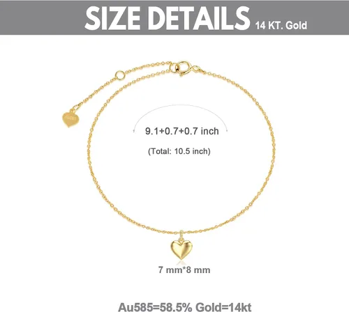 Vista 3 de SISGEM Tobillera de corazón de soplo de oro real de 14 quilates para mujer, pulsera de tobillo de amor, regalo de joyería para ella, 9+1+1 pulgada