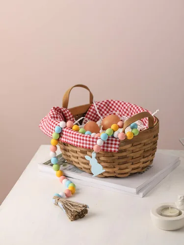 Vista 5 de Guirnalda de cuentas de madera de Pascua con borlas y etiqueta de conejo, cuentas de madera de estilo granja para decoraciones de bandeja