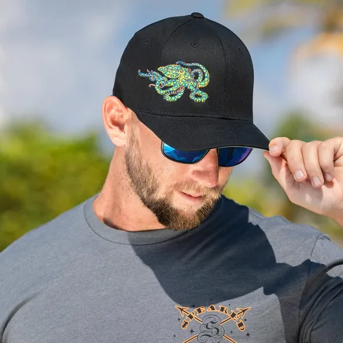 Vista 3 de Gorra Flexfit de buceo con diseño de pulpo (anillo azul), Azul Patchwork