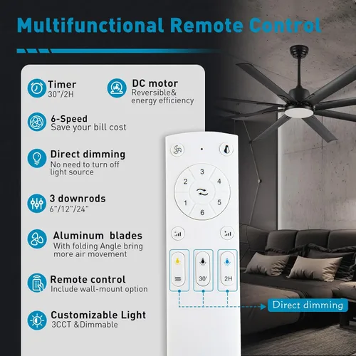 Vista 2 de Ventilador Celing de 72 pulgadas con luz y control remoto, ventilador grande con 8 cuchillas de aluminio negro, motor CC silencioso de 6