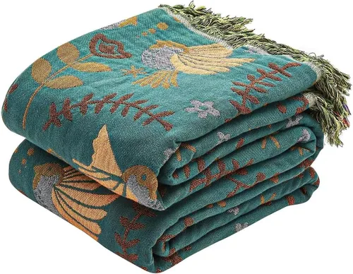 Vista 37 de Manta bohemia de muselina de algodón tejida con flores decorativas de 50 x A-verde