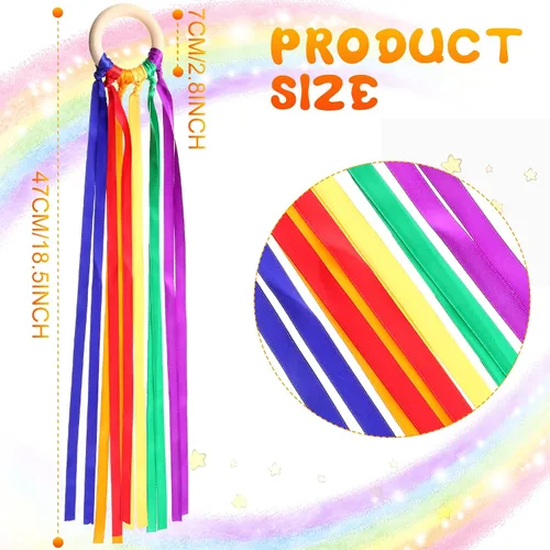Vista 2 de Junkin Anillos de cinta de mano, juguetes Waldorf, cintas de muñeca bailarín, serpentinas de arco iris con anillo de madera, juguete educativo