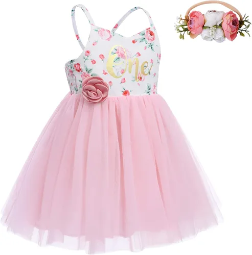 Vista 2 de Disfraz de tutú rosa para niña de primer cumpleaños, vestido de tul con flores rosas, vestido de verano para fiesta de té, trajes de sesión de fotos