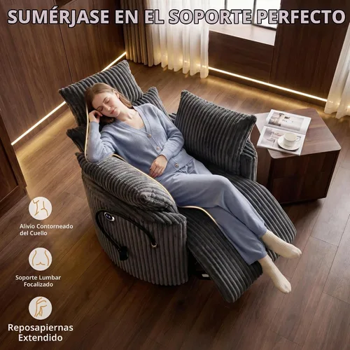 Vista 3 de Silla reclinable eléctrica de pana con USB y reposacabezas ajustable, color Corduroy-gris-eléctrico