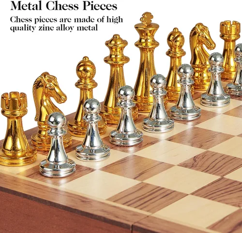 Vista 3 de BIVOMON Juego de ajedrez de metal para adultos y niños, tablero de ajedrez de madera plegable de 12 pulgadas con piezas de ajedrez de metal, juego