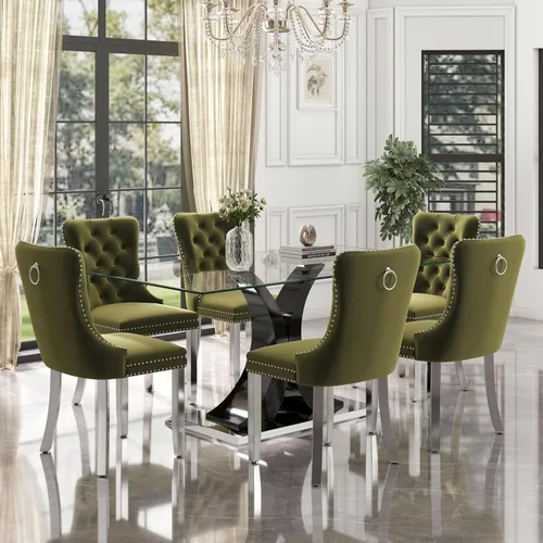 Vista 19 de Juego de comedor de cristal moderno de lujo de 7 piezas, juego de cena rectangular minimalista grande para 6, mesa de cocina de cristal transparente