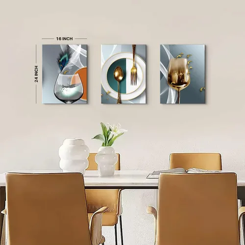 Vista 6 de AIYISU 3 piezas de arte de pared de cocina con copas de vino para decoración de pared del comedor Cuadros de copas de vino en teja, gris y oro
