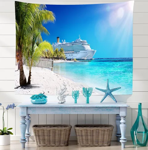 Vista 4 de Loccor Tapiz de crucero con diseño de palmera del mar caribeño, coral, playa, tapiz para colgar en la pared, isla tropical, sol, verano, vacaciones