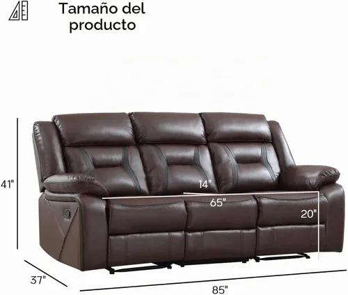 Vista 2 de Sofá reclinable manual de cuero sintético, sofá reclinable de 3 plazas, sofá cama para sala de estar, muebles, sala de reuniones, marrón oscuro