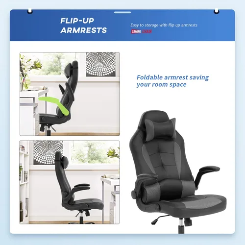 Vista 5 de Sillas de juegos para adultos, silla giratoria de piel sintética, ajustable, con soporte lumbar, reposabrazos abatibles, reposacabezas para adultos